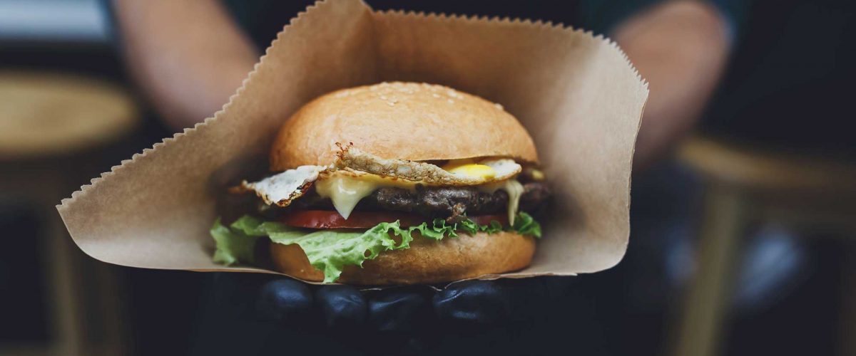 Takeaway Burger A freshly prepared takeaway burger.